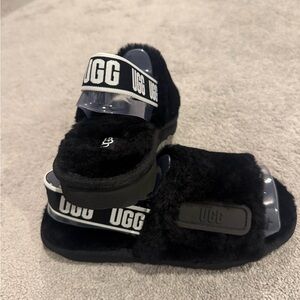UGG Black Fluffy Slides with Logo Straps